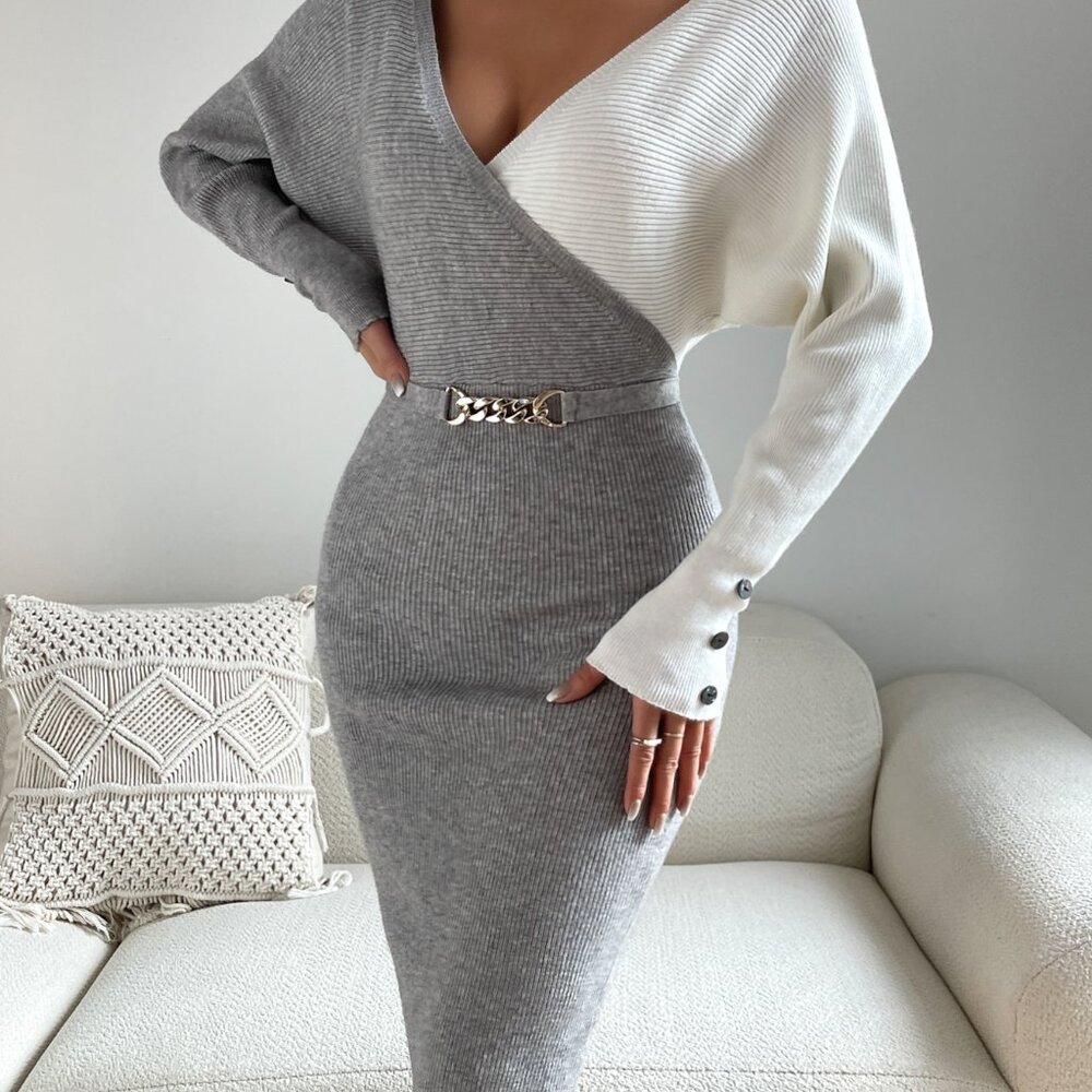 Grey Elegant Women's Two Tone Cuff Rib-Knit Cut Out Back Sweater Dress - Picture 6 of 6